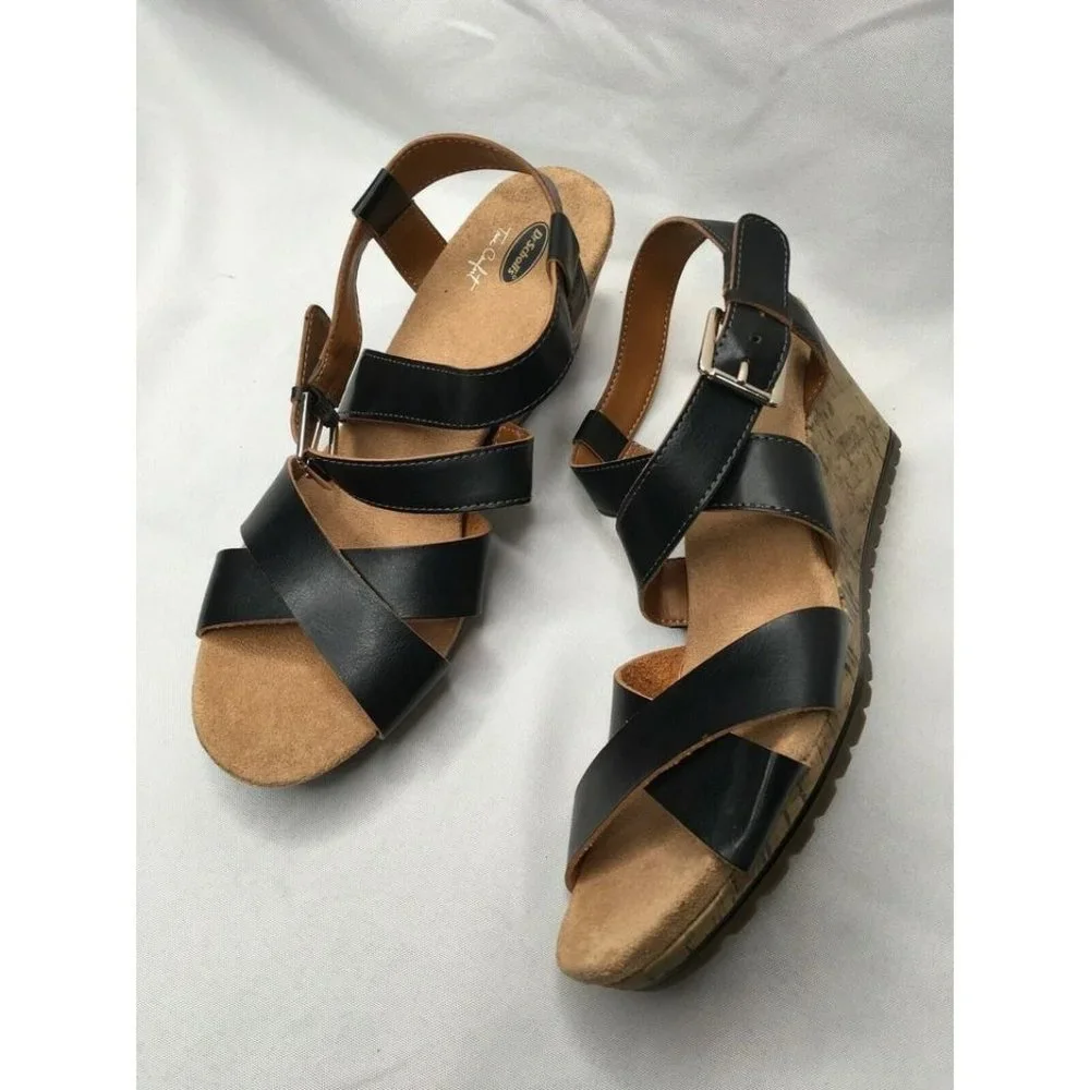 Dr Scholl's Bracket Wedge Sandals Faux Leather Black Strappy Comfort Shoes US10